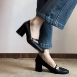 Jane High Heels Women's Fall 2023 New Thick Heel Square Head Black Small Leather Shoes With Shallow Single