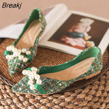 Green Soft Pointed Toe Flat Shoes Women Ballet Shoes 2023 Spring New Pearl Bow Korean Ladies OL Office