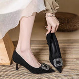 High Heels Women's 2024 Spring Autumn New Classic Square Buckle Rhinestone High Heels Elegant Commuter Women's Single Shoes