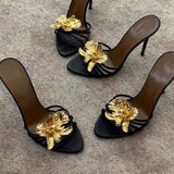 Breakj New Slippers Spring And Summer Golden Flowers Dotted With Female High Heels Sexy Fine Strip High Heel Slippers Women