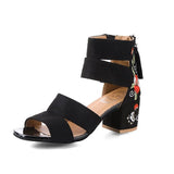 Summer New Retro Embroidered Sandals Women's Feeling Thick Heel Women's Shoes Tassel Embroidered