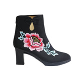 Breakj Boots Ankle Boots Embroidered Cloth Shoes Spring High Heels Velvet Canvas Thick Heel Plus Size Short Leg