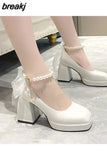 High Heels Elegant Bow Square Toe Black Fashion Women's Pumps Thick Heel Wedding Party Pearl Lace Wedding Shoes for
