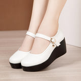Spring And Autumn Middle Heel Slope Single Shoes Women's Muffin Thick Bottom Waterproof Platform One Word Buckle Shallow Mouth Flat Sole High Heel Mother's