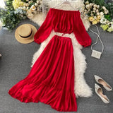 2021 Summer Women Red Two Piece Set Long Sleeve Tunic Waist Crop Chiffon Tops+High Waist Lotus Leaf Edge Long Skirt