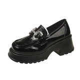 Breakj Bottom Mary Jane Small Leather Shoes Female 2023 New British Wind Pine Platform Bottom Metal Rhinestone Chain Loafer Single