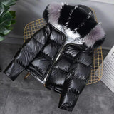 Winter Jacket White Duck Down Parkas Women Gold Silver Double Side Coat Big Aritificial Fur Hooded Female Down
