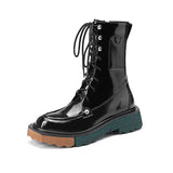 Women Motorcycle Boots Retro Female British Style Cross Straps Ladies Platform Mid-heel Booties with Side Zip Ankle