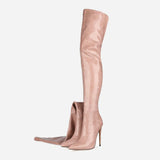 Furtado 2022 Women Over The Knee High Boots Pointed Toe Stilettos Heels Back Zipper silver burgundy Thigh High Boots 45