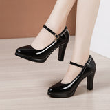 Leather Catwalk High Heel Women's Pointed High Heel Thick-Soled Waterproof Platform Professional Black Work Shoes Large-Size Single