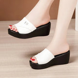 Women Wearing Sloping Heel Slippers Summer 2023 New Thick-Soled Waterproof Table Soft-Soled Comfortable Middle Heel 4143 Size