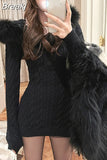 Winter Elegant Bodycon Y2k Mini Dress Woman Hooded Pure Color Short Party Dress Casual Long Sleeve Knitted Dress Korea