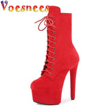 Women Candy Color 17CM Pole Dance Boots New Pure Colour Suede Nightclub Performance Shoes Waterproof Platform Lace Up High