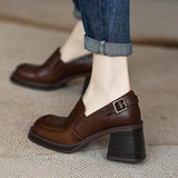 Women's 2025 Spring And Autumn Retro Large Belt Buckle Deep Thick-Sed Thick Heel Round Head Tight With High