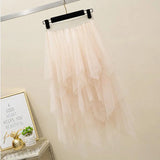 Tulle Skirts Women High Waist Mesh Skirt Hem Asymmetrical Pleated Midi Skirt Female Black Pink Summer Mid-calf