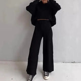 Knitted Sweat Suits Women Matching Sets Long Sleeve Hoodie+wide-legged Pants Loungewear Sweater Set Two Piece
