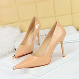 Breakj Sexy Skinny High Heels With Super High Heel Bright Painted Leather Shallow Metal Pointed Single