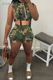 Sexy Women Camouflage Set Two Pieces Sets Pockets Patchwork Zipper Crop Top Shorts Camo 2 Piece Outfits Night Club