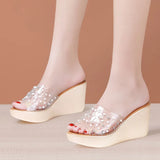 Sandals Slippers Women Wear 2023 New Muffin Thick-Soled Water Drill Two Transparent Large-Size Word Slippers In