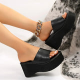 Chunky Platform Sandals Women Fashion Black PU Leather Wedge Slippers for Woman 2023 Summer Thick Bottom Slides Plus