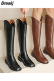 Women Knee-high Boots Genuine Leather Natural Leather Ladies Bootie Autumn and Winter Velvet Western Boots Goth