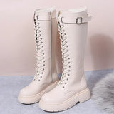 New Thicken Winter Knight Boots Women Knee High Long Square Heel Boots Retro Thick Motorcycle Boots Black White Botas