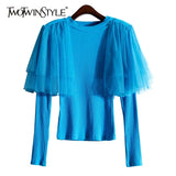 Casual Slim Patchwork Mesh T Shirt Female Round Neck Long Sleeve Gathered Waist Fashion T Shirts For Women