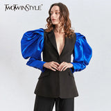 Patchwork Hit Color Women's Blazers Puff Long Sleeve Notched Ruched Female Suits 2022 Spring Fashion Style