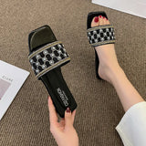 Breakj Version Of Beads Type Flat Bottom Slippers Female Slippers Square Head One Foot Pedal Home Pearl Slippers
