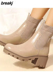 Autumn Winter Fashion Women Chelsea Boots Female PU Leather High Heels Boots Platform Shoes Ladies Knitted Sexy Ankle