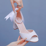 Breakj Cm Pearl Fish Mouth Coarse Sandals Shallow Buckle With Large-Size Beads Drifting Sandals Bride Beaded Wedding Shoes