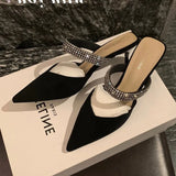 Breakj Summer New Single Shoe Tips Behind The Empty Thin Heel Sandals Black Water Drill Temperament High Heels