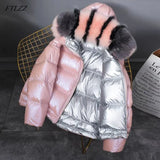 Winter Jacket White Duck Down Parkas Women Gold Silver Double Side Coat Big Aritificial Fur Hooded Female Down