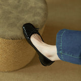 Vintage Bow Knot Lacquered Leather Bean Shoes Women's Flat Soles Summer Autumn Square Head Single Shoes Thick Heels Wine