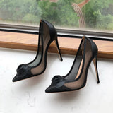 Black Matter Flower Decor Women Gauze Pointy Toe High Heel Party Shoes Elegant Ladies Summer Slip On Stiletto