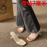 Breakj The Summer Of 2025, The New High-Heeled Women Wear Fashionable Round Head Thick And Net Red Crystal Slippers Women's