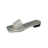 Women's Rhinestone Flat Slide Sandals, Glitter Square Open Toe Non Slip Shoes, Outdoor Beach