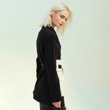 Patchwork Hit Color Jackets For Women Notched Collar Long Sleeve High Waist Lace Up Coats Female Fashion 2022