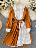 New Spring Summer Striped Print Patchwork Long Sleeve Shirt Dress Women Casual Buttons Lace-up Sash A-line OL Work
