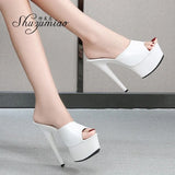 Women Shoes High Heels 2023 New Slippers Stripper Thick Bottom Platform Patent Leather Open Toe Bling Plus Size 43 Party