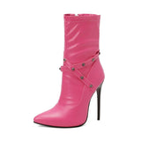 Ankle Boots Women 12cm High Heels 2023 PU Fashion Autumn Winter Large Size 34-48 Pointed Toe Rivets Decorate