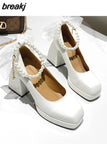 High Heels Elegant Bow Square Toe Black Fashion Women's Pumps Thick Heel Wedding Party Pearl Lace Wedding Shoes for