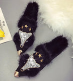 Fox Pattern Winter Flat Loafers Women Metal Pointed Toe Glitter Fur Moccasins Brand Design Ballet Flats Ladies
