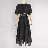 Casual Black Two Piece Set Women Round Neck Short Sleeve Tops High Waist Loose Midi Skirts Female Sets Fashion