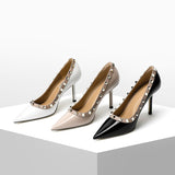 Breakj Spring And Summer New Rivet Tip High Heel Female Fine Leather Black Patent Leather OL Nightclub Ultra-High Heel Single