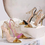 New Women Sandals Pointed Peep Toe Thin Heel High Heels Summer Fashion Metal Chain Lock