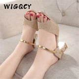 Square Heel Women Sandals Women Heel Shoes Gold Sliver Peep Toe Party Ladies Sandals Fashion Slip-On Summer Shoes