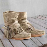 New Women Ankle Short Boots Tassels Round Toe Buckle Strap Ethnic Style Warm Non-slip Boots Shoe for Lady Warm Botas