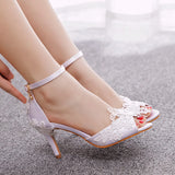 Breakj Cm Lace Flower Fish Mouth High Heel Sandals Light Mouth Buckle With Large-Size Round Head White Ribbon High Heel