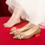 Butterfly-knot Flat Wedding Shoes Slip Shoes Women Shiny Gold Silver Bridal Shoes Beaded Flat Heels Med